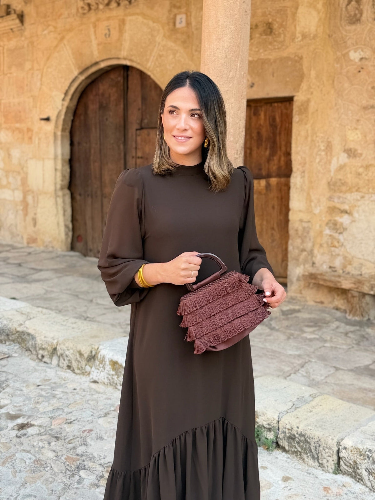 Andrea | Vestido Gasa Liso Marrón