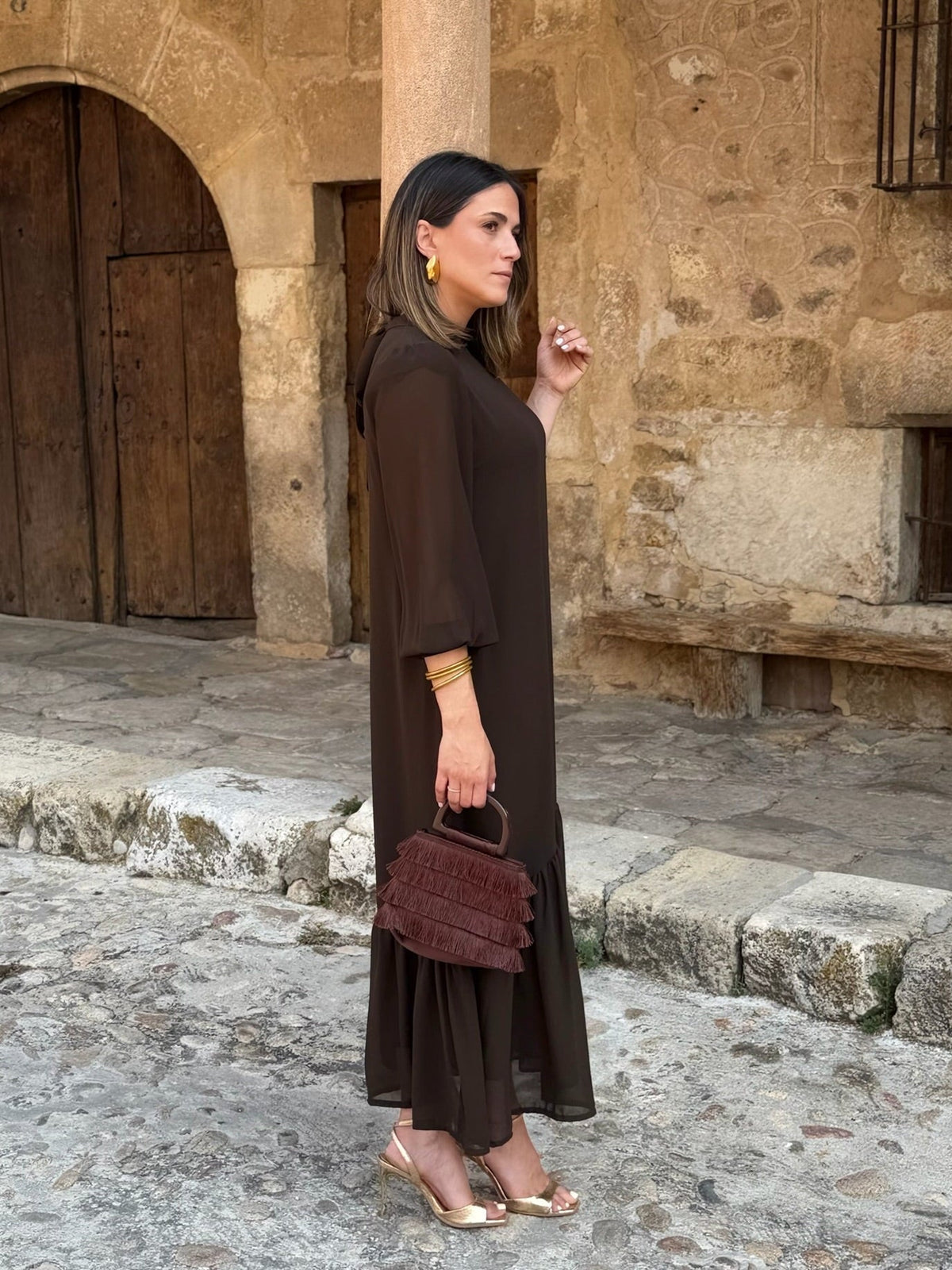 Andrea | Vestido Gasa Liso Marrón