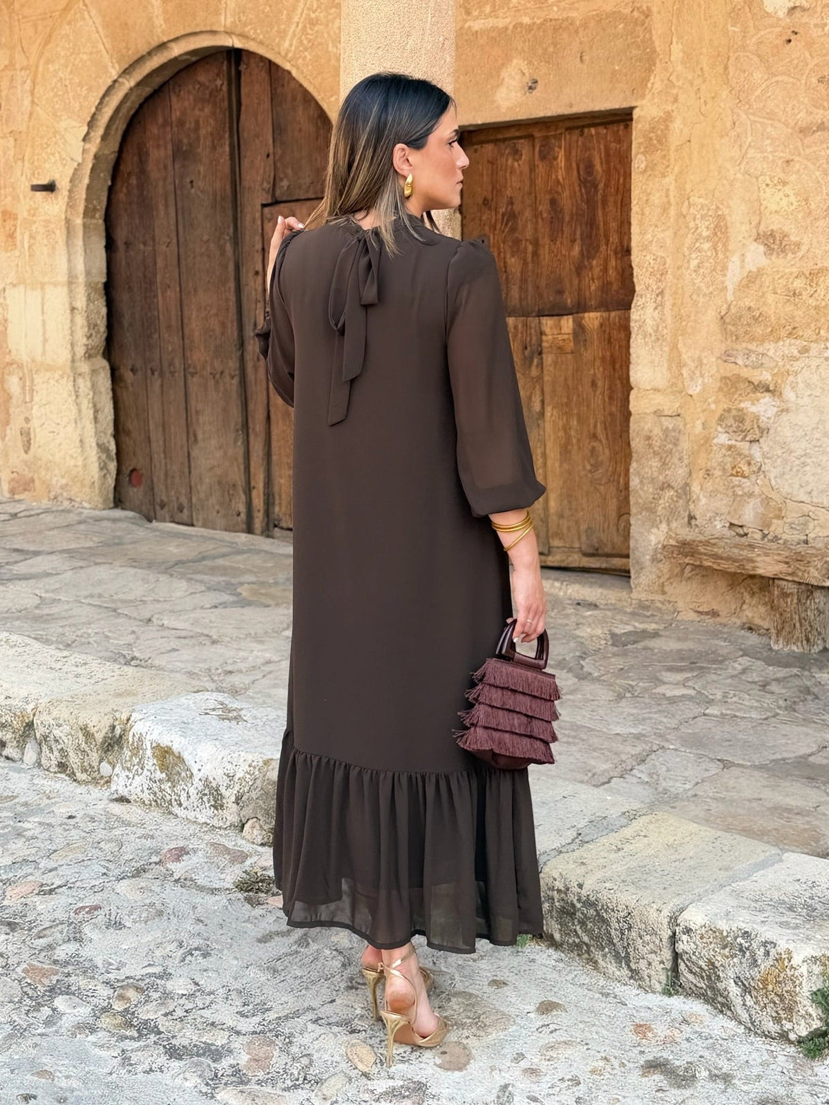 Andrea | Vestido Gasa Liso Marrón