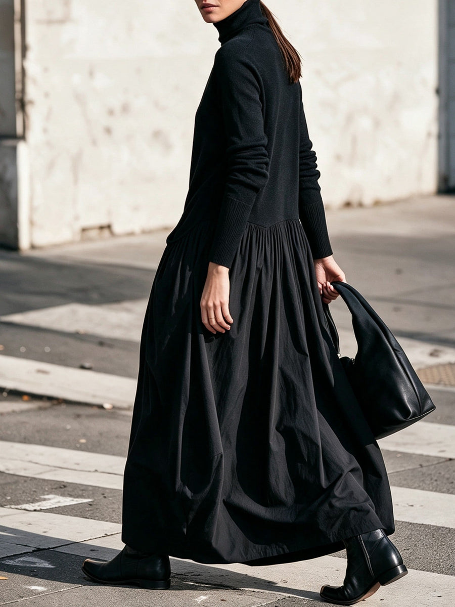 Sara | Vestido Maxi Oversized Negro con Detalle en Bolsillo y Cuello Alto