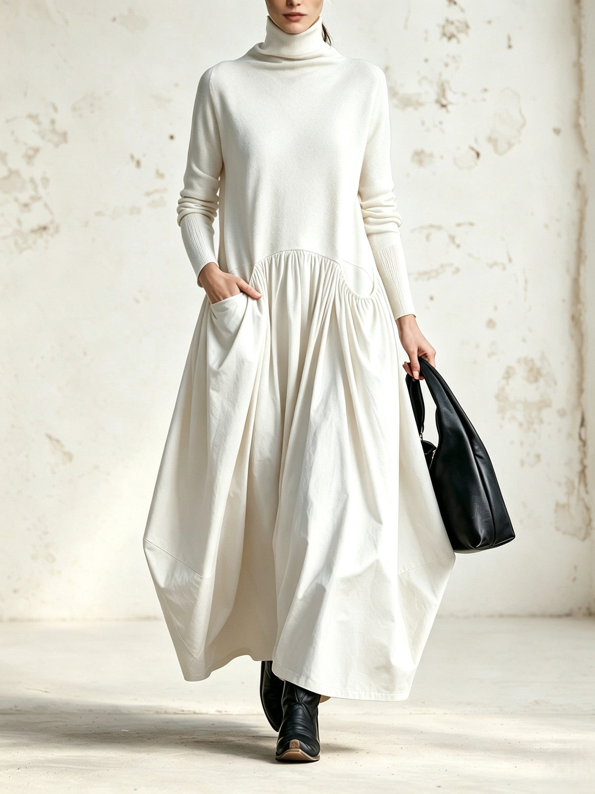 Sara | Vestido Maxi Oversized Negro con Detalle en Bolsillo y Cuello Alto
