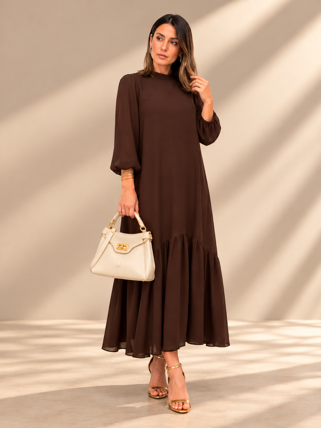Andrea | Vestido Gasa Liso Marrón