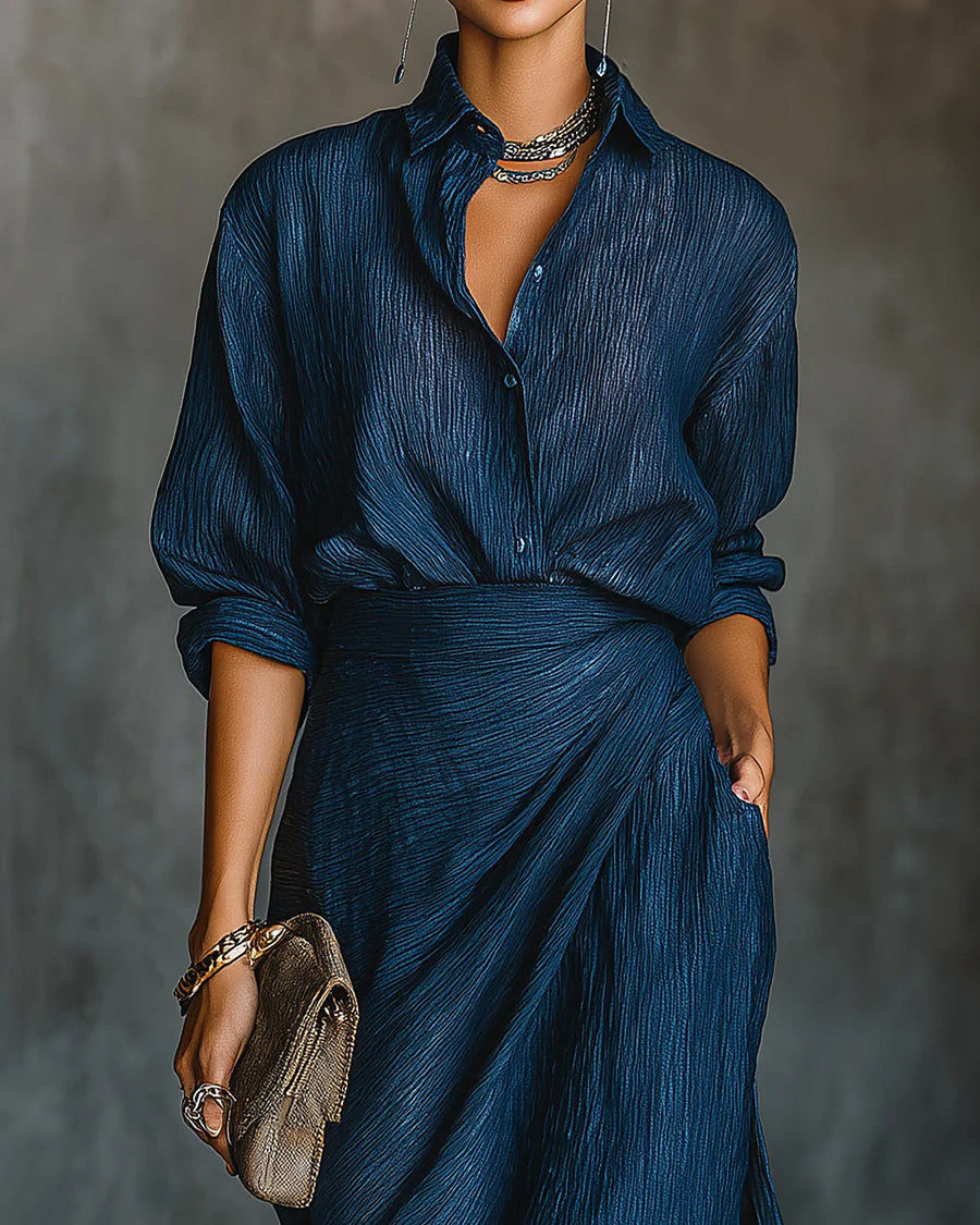 Sara | Conjunto Camisa Arrugada y Falda Larga Cruzada, Azul Oscuro