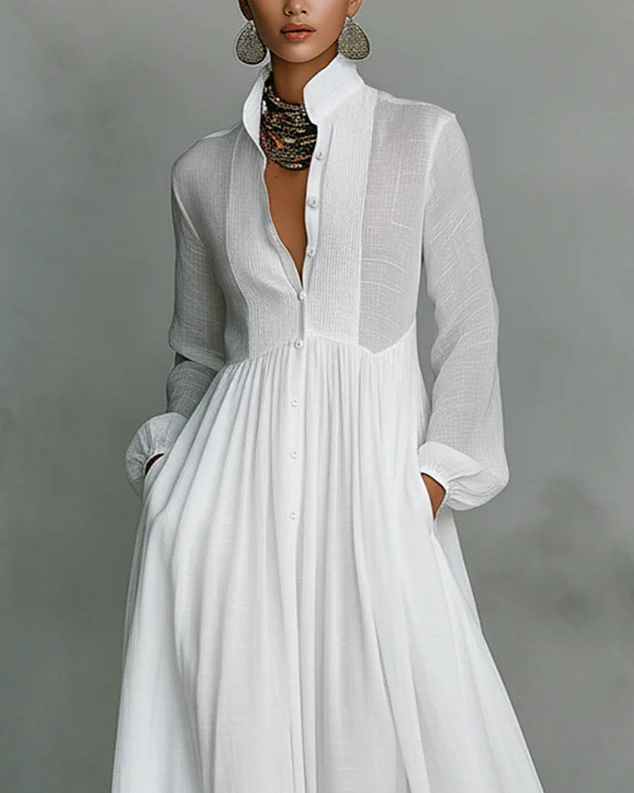 Leonora | Vestido Largo Minimalista con Cuello Coreano, Blanco