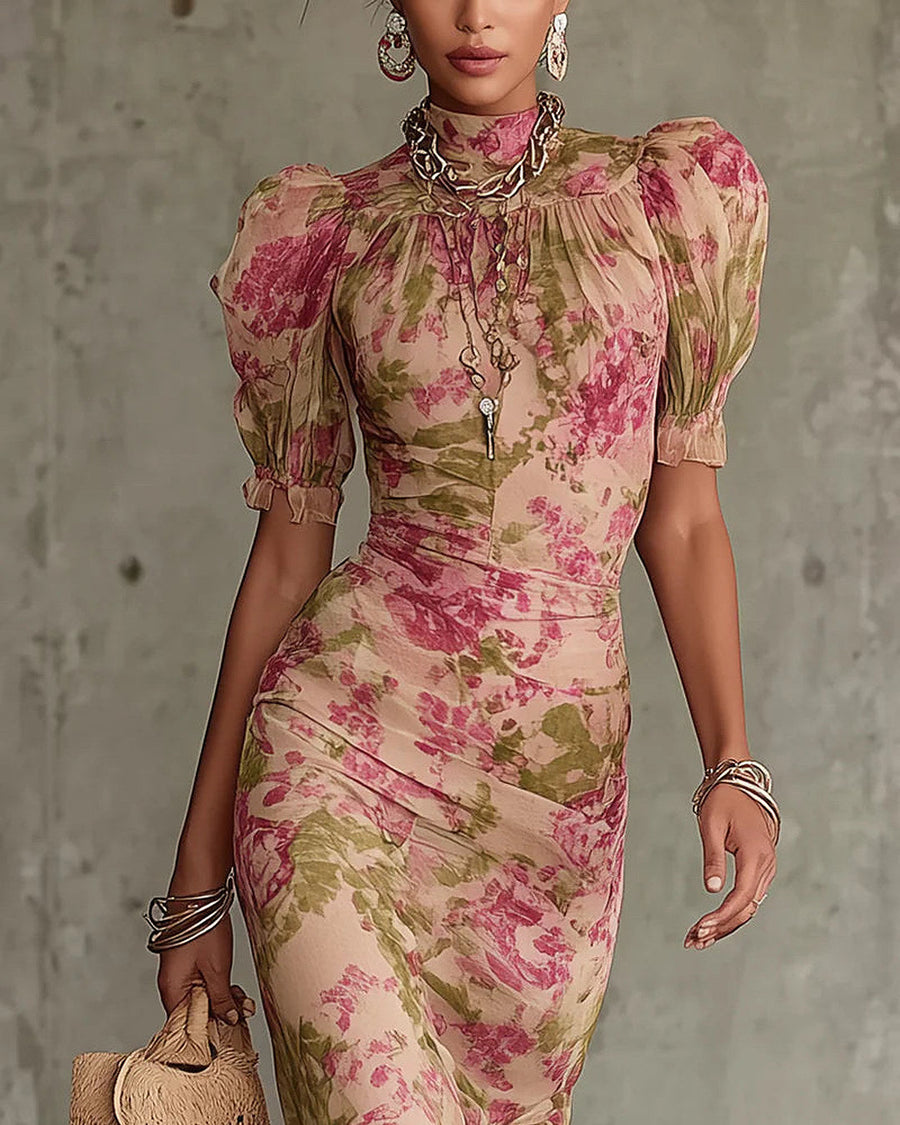 Rosalina | Vestido Largo Estampado de Rosas Vintage, Rosa