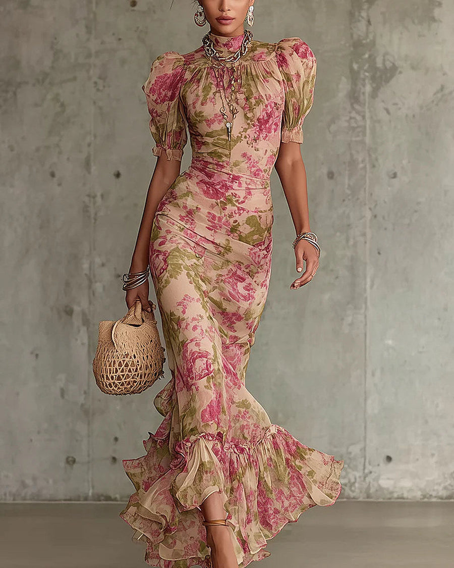 Rosalina | Vestido Largo Estampado de Rosas Vintage, Rosa