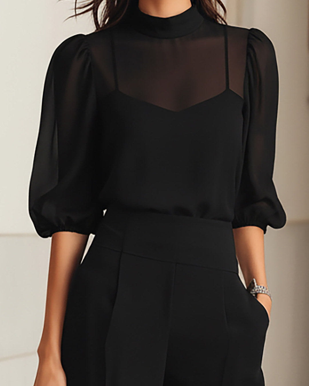 Emma | Conjunto Completo con Blusa Transparente y Pantalón de Pierna Ancha, Negro