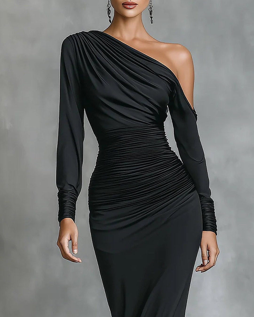 Celina | Vestido Largo Asimétrico Draped, Negro