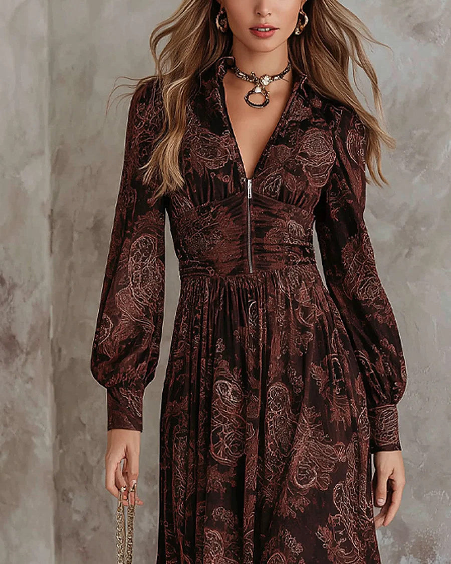 Arianna | Vestido Largo Paisley con Cintura Definida, Marrón