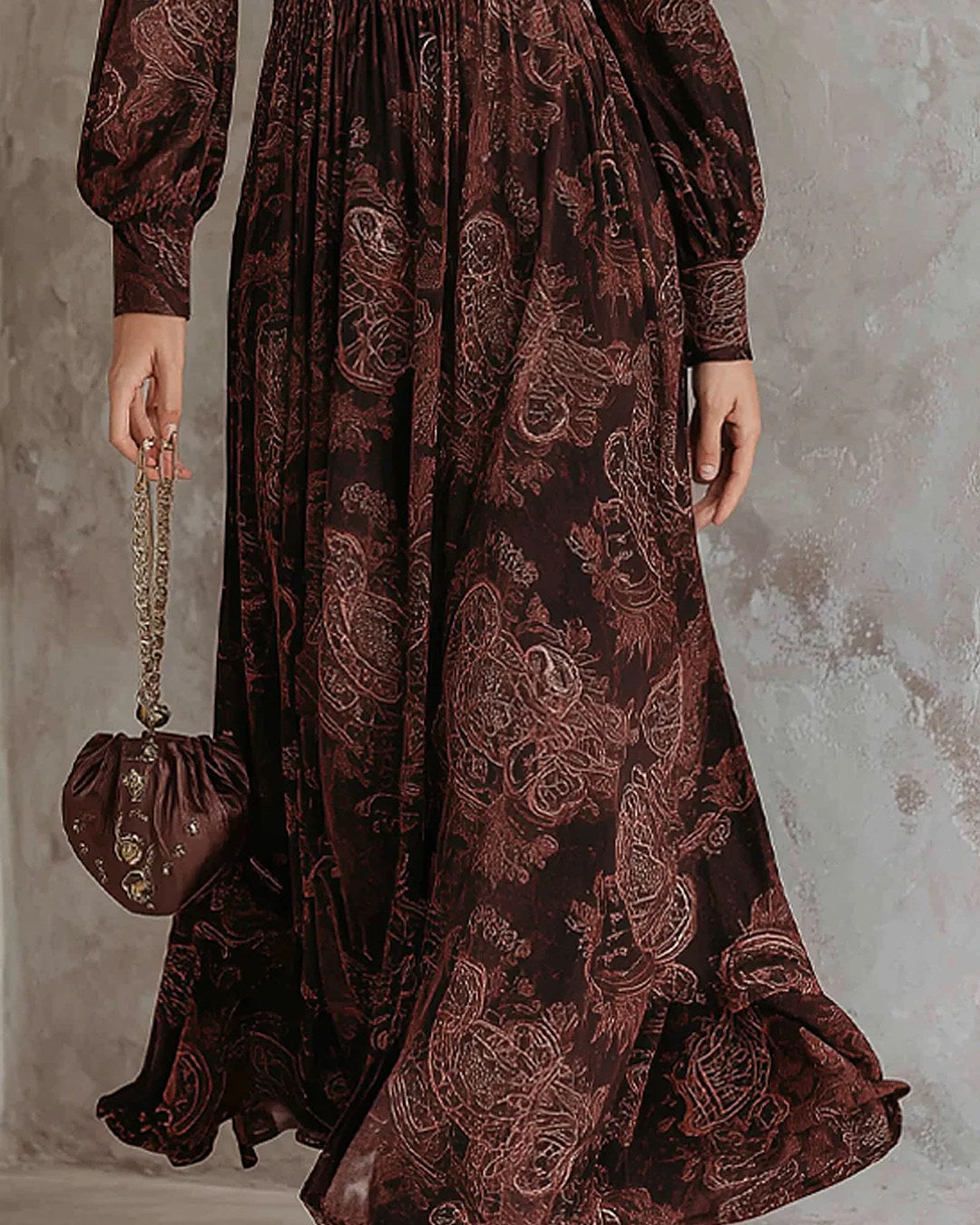 Arianna | Vestido Largo Paisley con Cintura Definida, Marrón