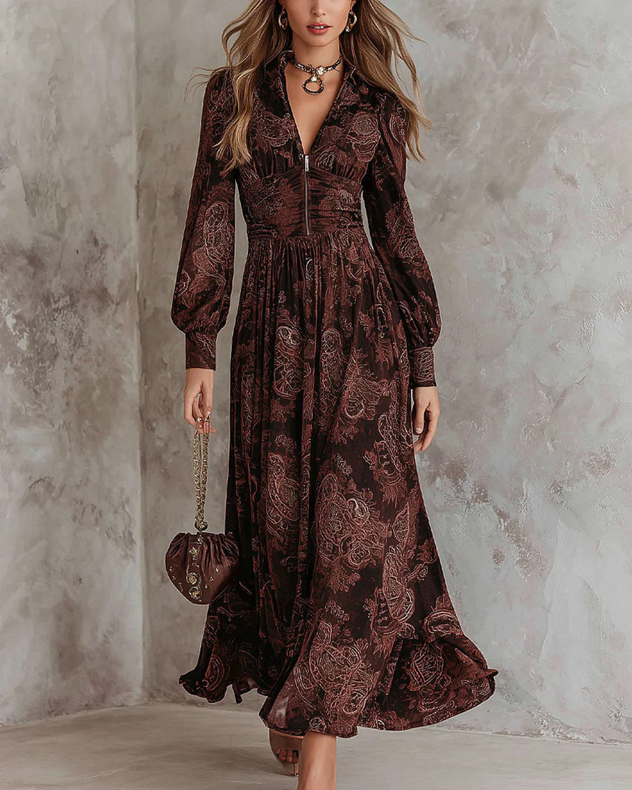 Arianna | Vestido Largo Paisley con Cintura Definida, Marrón