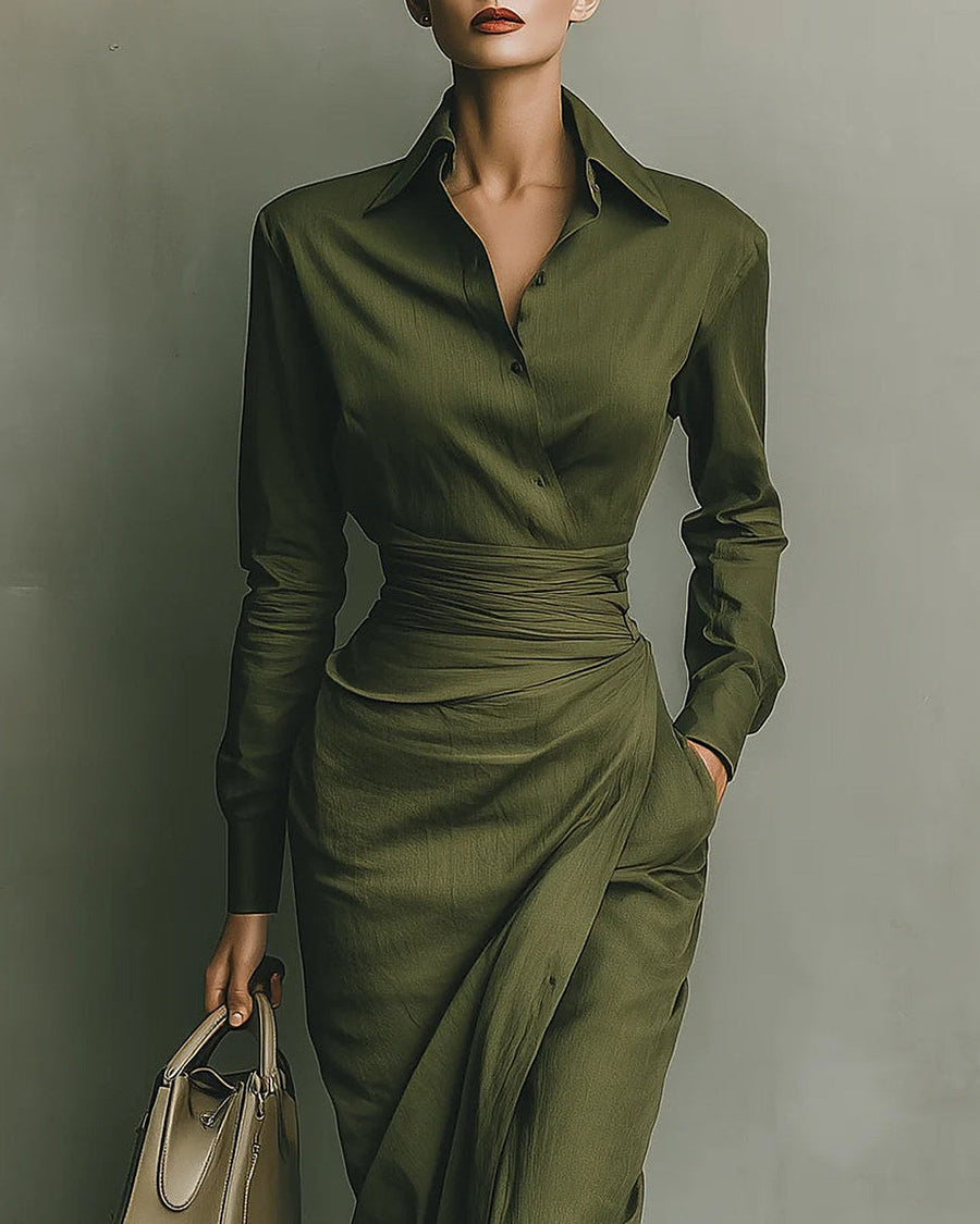 Natalia | Vestido Camisero con Falda Cruzada, Verde Oliva