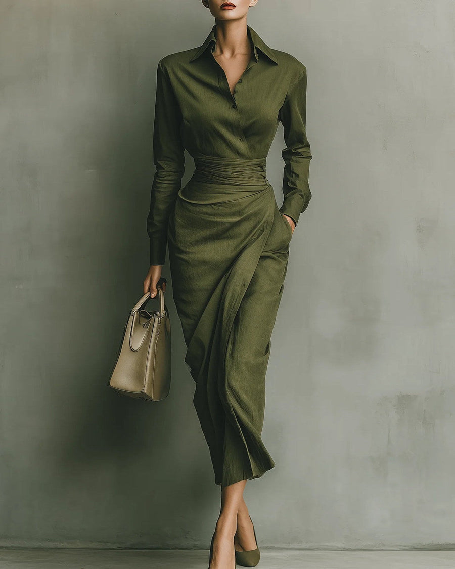 Natalia | Vestido Camisero con Falda Cruzada, Verde Oliva