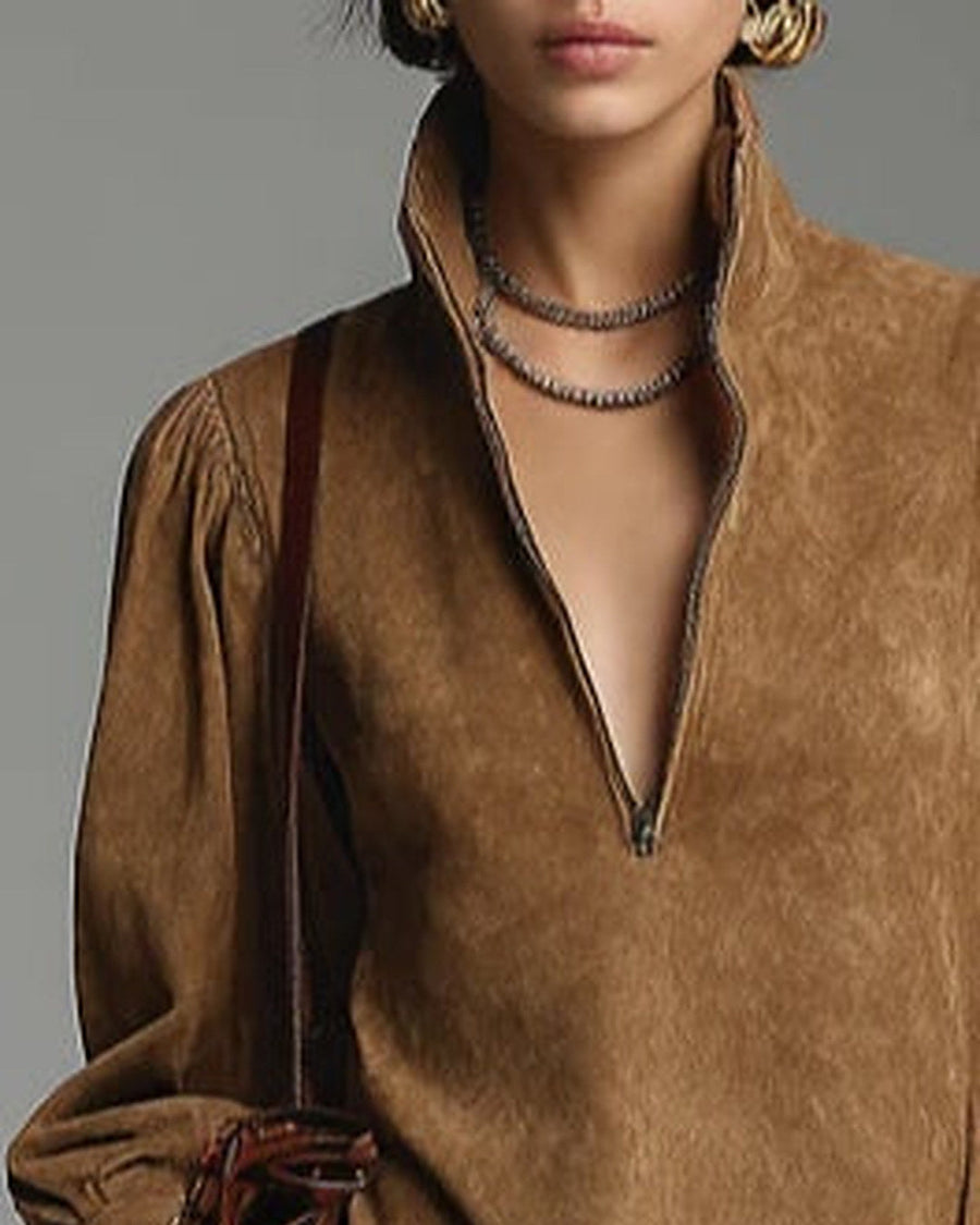 Lucrezia | Vestido Suave Efecto Ante con Cremallera, Marrón