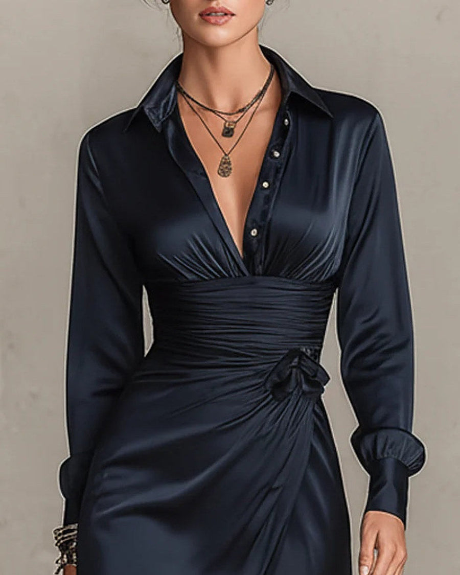 Marinella | Mini Vestido de Satén con Lazo, Azul Oscuro