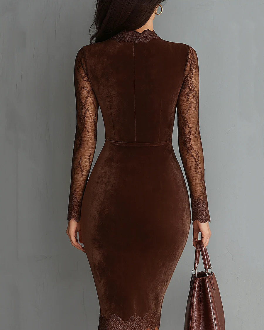 Aurelia | Mini Vestido de Terciopelo con Mangas de Encaje, Marrón