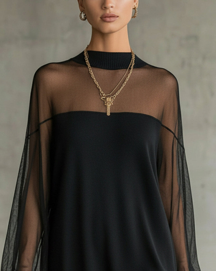 Amelia | Mini Vestido con Mangas de Red, Negro