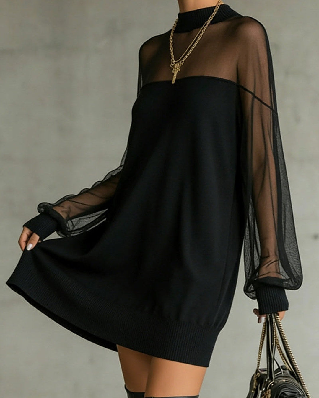 Amelia | Mini Vestido con Mangas de Red, Negro