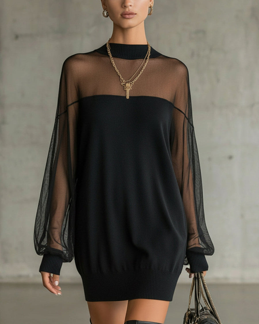 Amelia | Mini Vestido con Mangas de Red, Negro