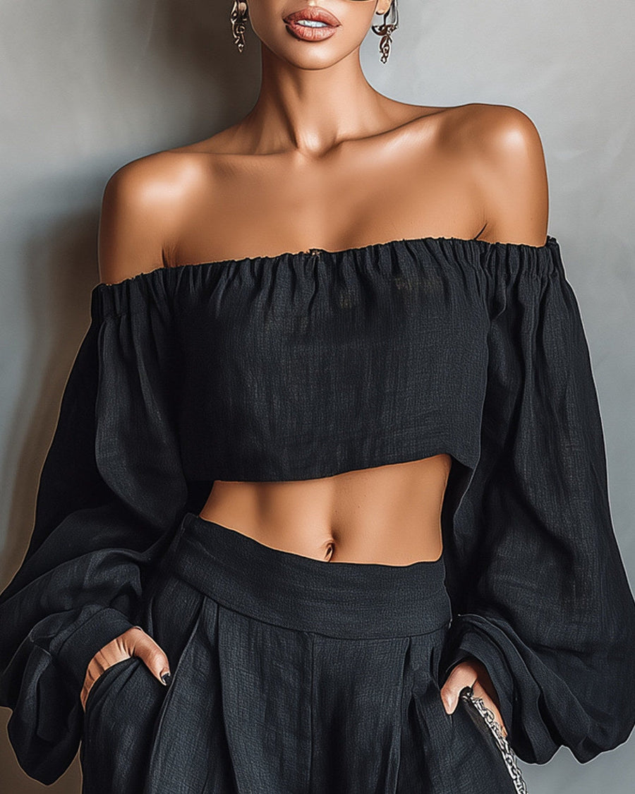 Tessa | Conjunto de Hombros Descubiertos y Pantalón de Pierna Ancha, Negro