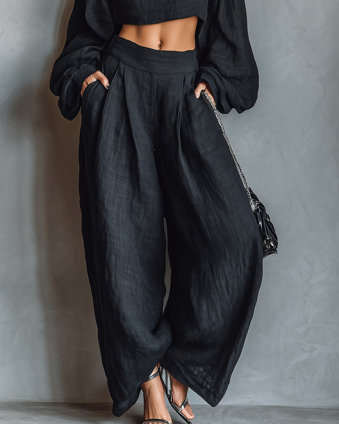 Tessa | Conjunto de Hombros Descubiertos y Pantalón de Pierna Ancha, Negro