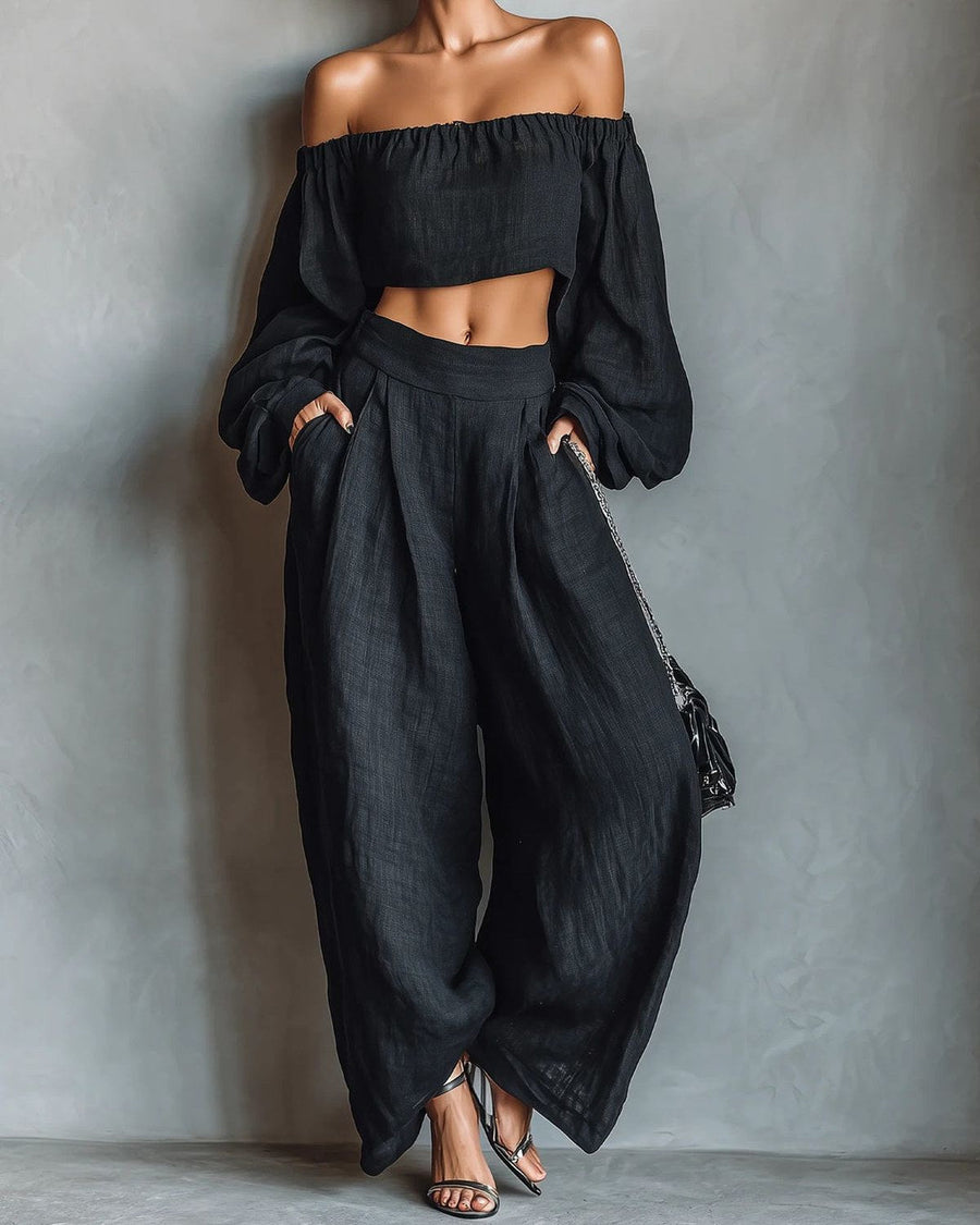 Tessa | Conjunto de Hombros Descubiertos y Pantalón de Pierna Ancha, Negro
