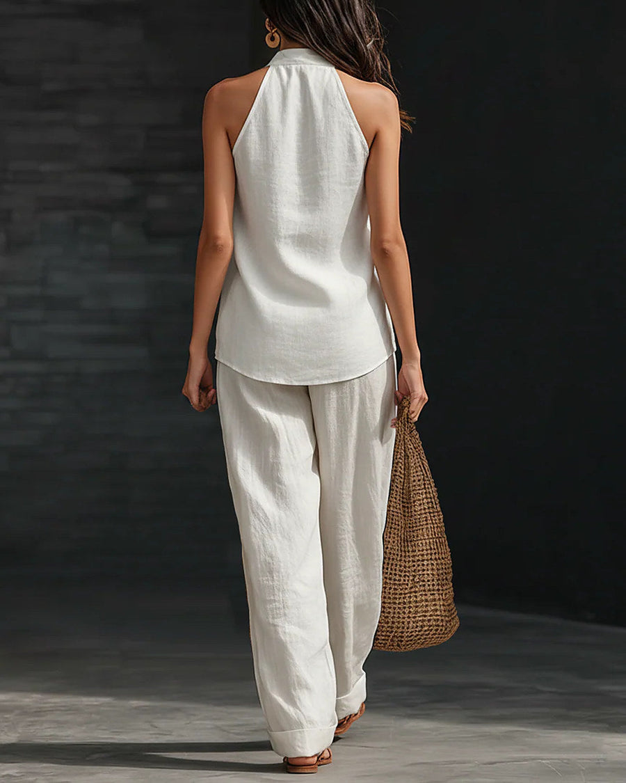 Zoe | Conjunto Completo con Top Atado al Cuello y Pantalón de Pierna Ancha, Blanco
