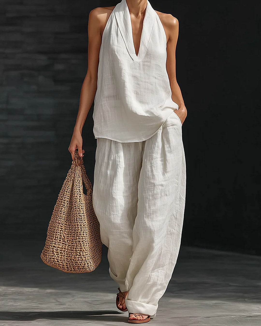 Zoe | Conjunto Completo con Top Atado al Cuello y Pantalón de Pierna Ancha, Blanco
