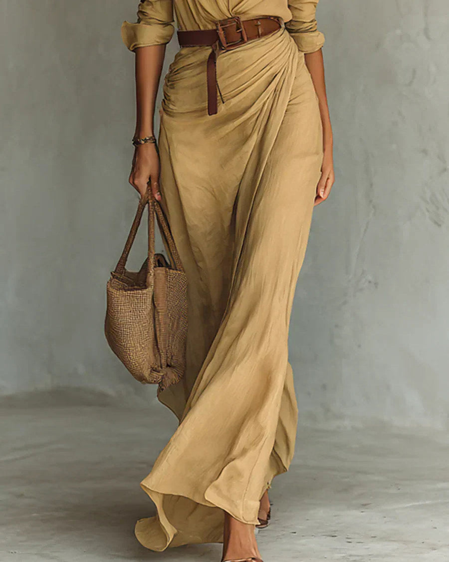 Camilla | Vestido Largo de Camisa con Cintura y Falda Cruzada, Ocre