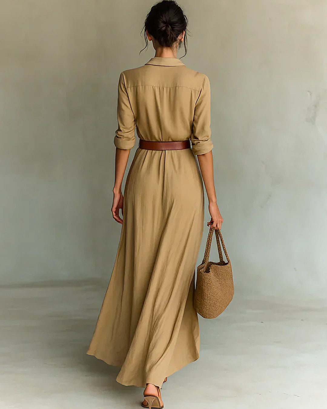Camilla | Vestido Largo de Camisa con Cintura y Falda Cruzada, Ocre
