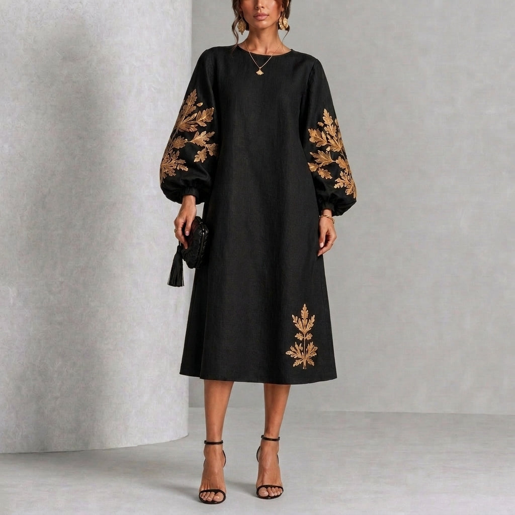 Sofia | Vestido Midi Suelto de Cuello Redondo con Mangas Farol, Negro y Dorado
