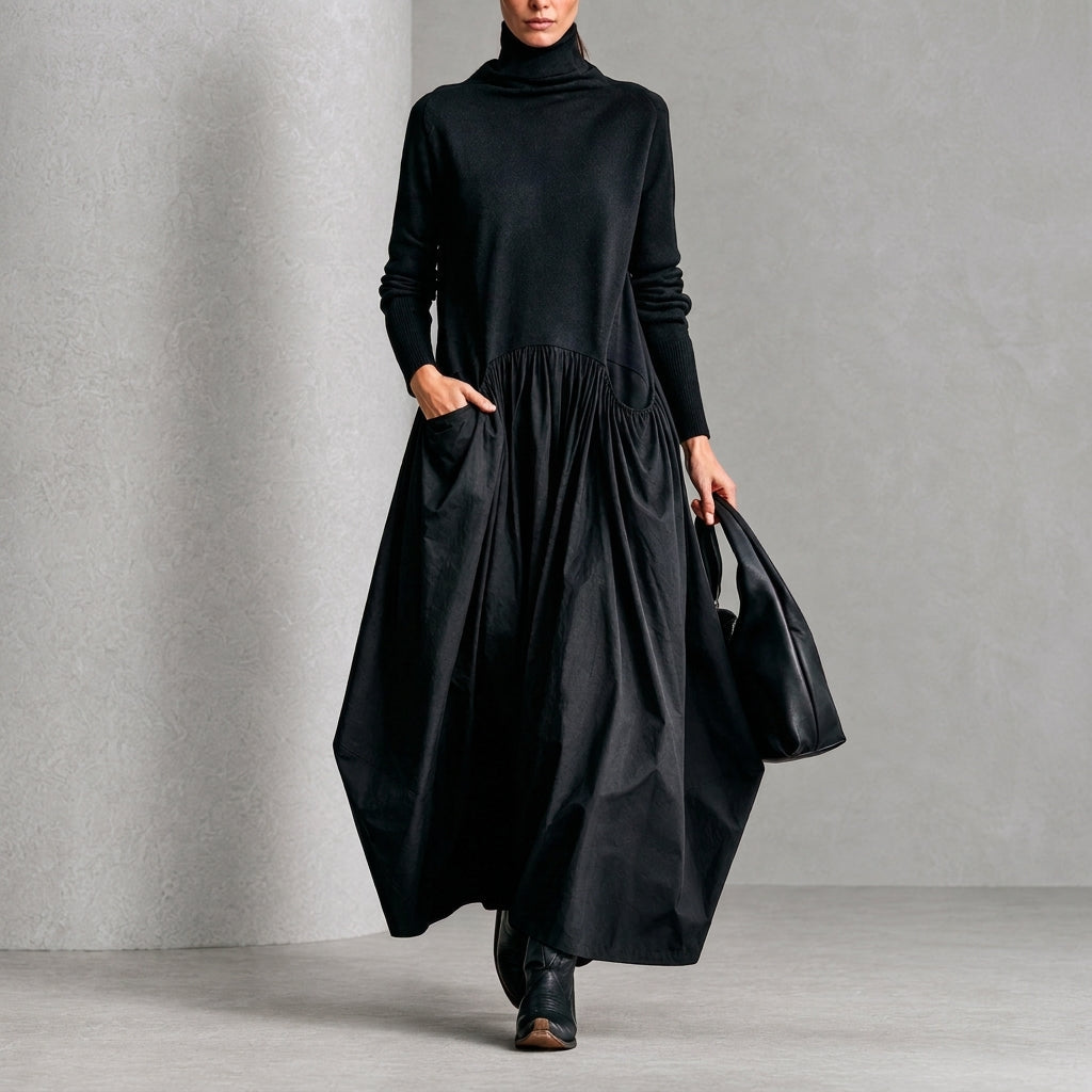 Sara | Vestido Maxi Oversized Negro con Detalle en Bolsillo y Cuello Alto