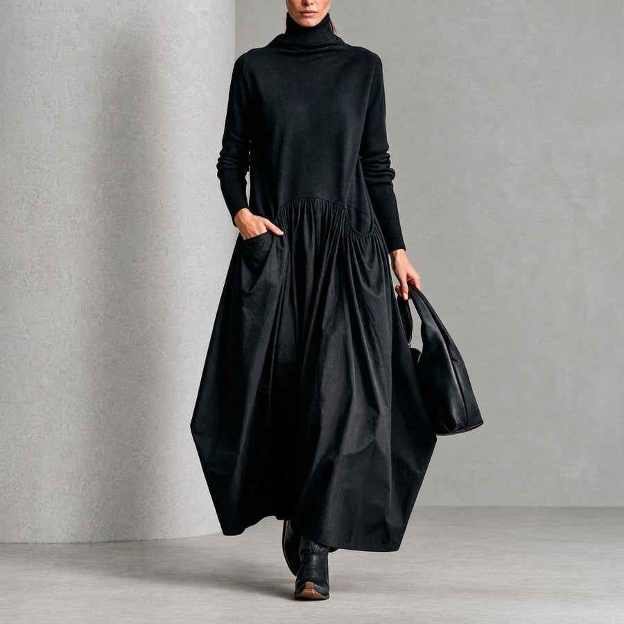 Sara | Vestido Maxi Oversized Negro con Detalle en Bolsillo y Cuello Alto